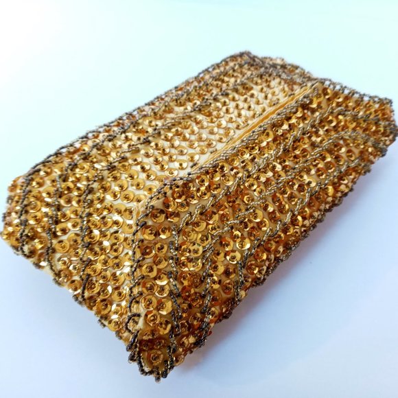 Vintage Yellow Gold Beaded Sequined Evening Accessory Clutch/Handbag/Purse - Picture 5 of 13